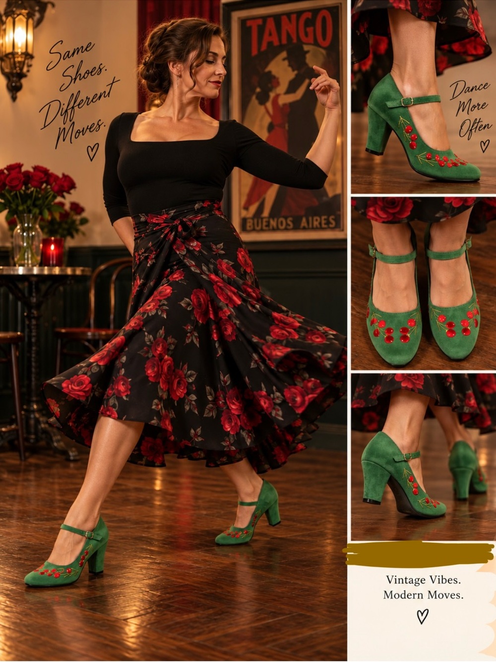 Lulu Hun Collectif Green Cherry Embroidered Mary Jane Heels Pumps US 7.5 - Picture 2 of 13